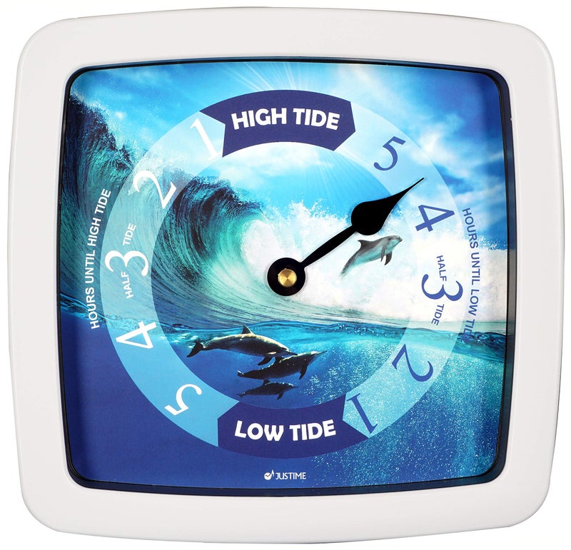 JUSTIME 8.5 Inch Atlantic Tide Clock for East Coast, High Tide Low Tide Clock with Plastic Water Resistant Case, Colorful Graphics Designed Home Wall DÃ©cor (TT424WT Dolphin) - Image 1